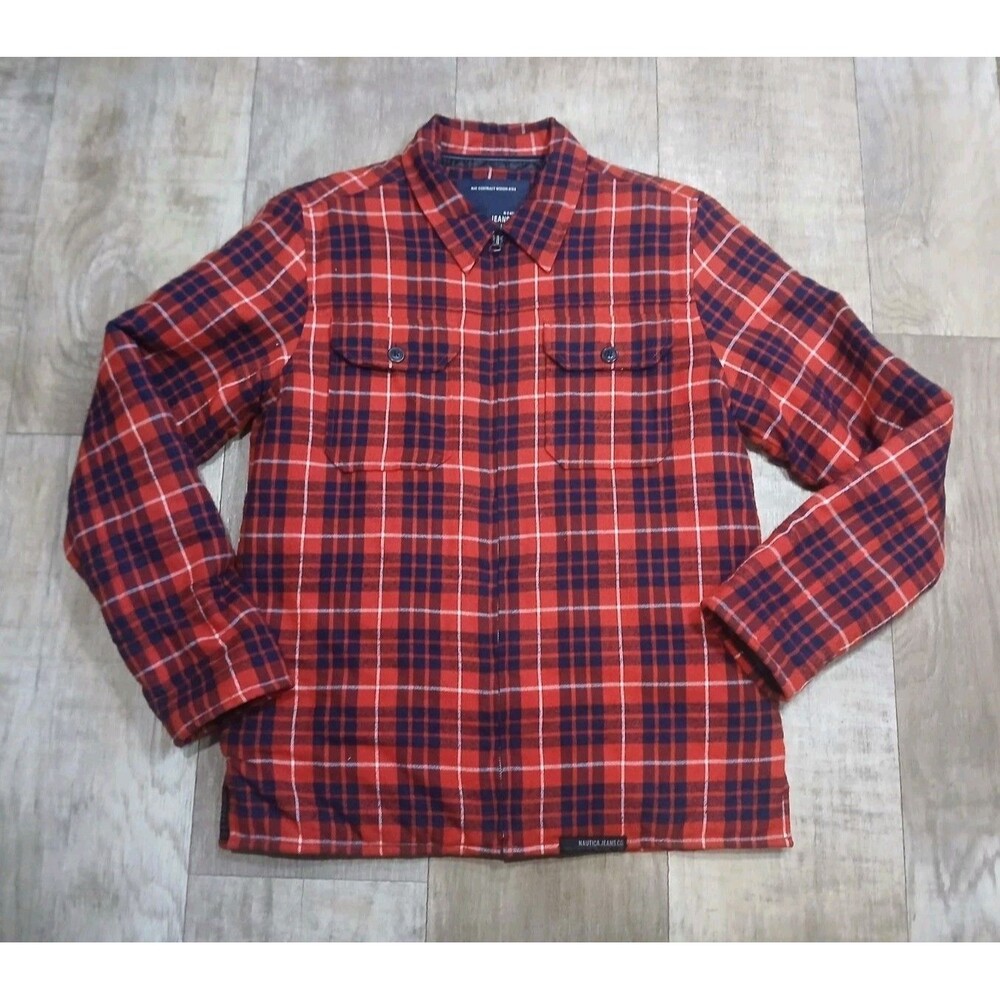 Nautica Fleece Shacket Mens Large Red Plaid Lined Zip Up